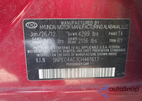 2012 Hyundai Sonata Se z USA, uszkodzony, nr VIN 5NPEC4AC3CH461617